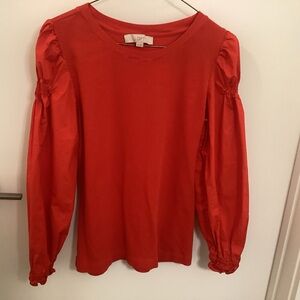 LOFT Bold Red Long Sleeve Top with t-shirt body and cotton fabric sleeves